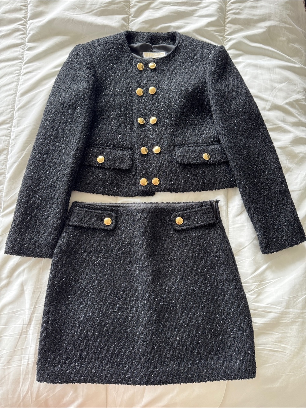 MICHAEL Michael Kors Black Tweed Cropped Blazer and Mini Skirt with Gold Buttons